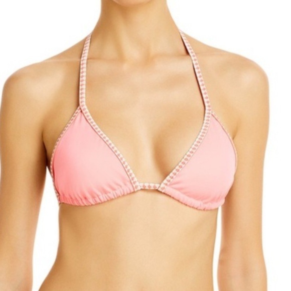 NWT Lemlem Lena Tie-Front Bikini Top‎ Coral Pink White Gingham Trim XS